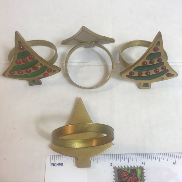 Vintage Napkin Rings Christmas Tree Brass Enamel Set of 4 Red Green Holders - Picture 5 of 8